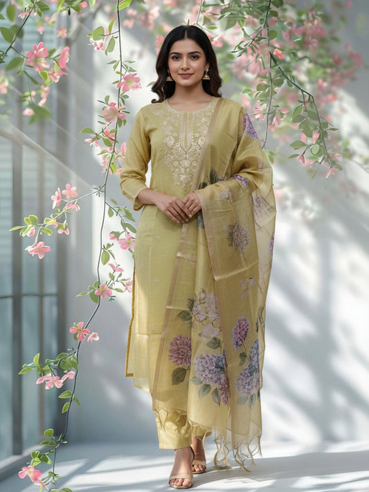 Solid Zari Embroidered Straight Kurta with Pant & Dupatta - Lime Green