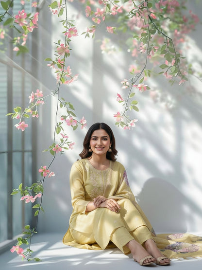 Solid Zari Embroidered Straight Kurta with Pant & Dupatta - Lime Green