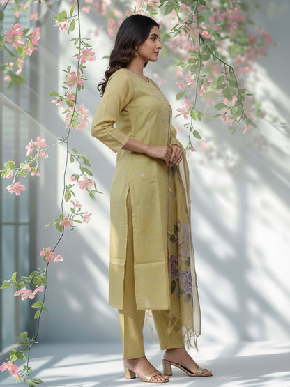 Solid Zari Embroidered Straight Kurta with Pant & Dupatta - Lime Green