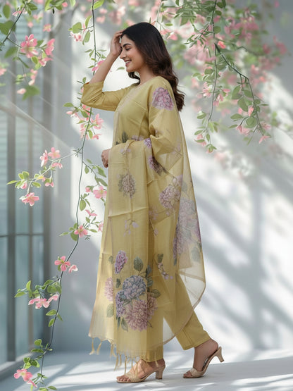 Solid Zari Embroidered Straight Kurta with Pant & Dupatta - Lime Green