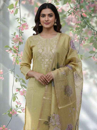 Solid Zari Embroidered Straight Kurta with Pant & Dupatta - Lime Green
