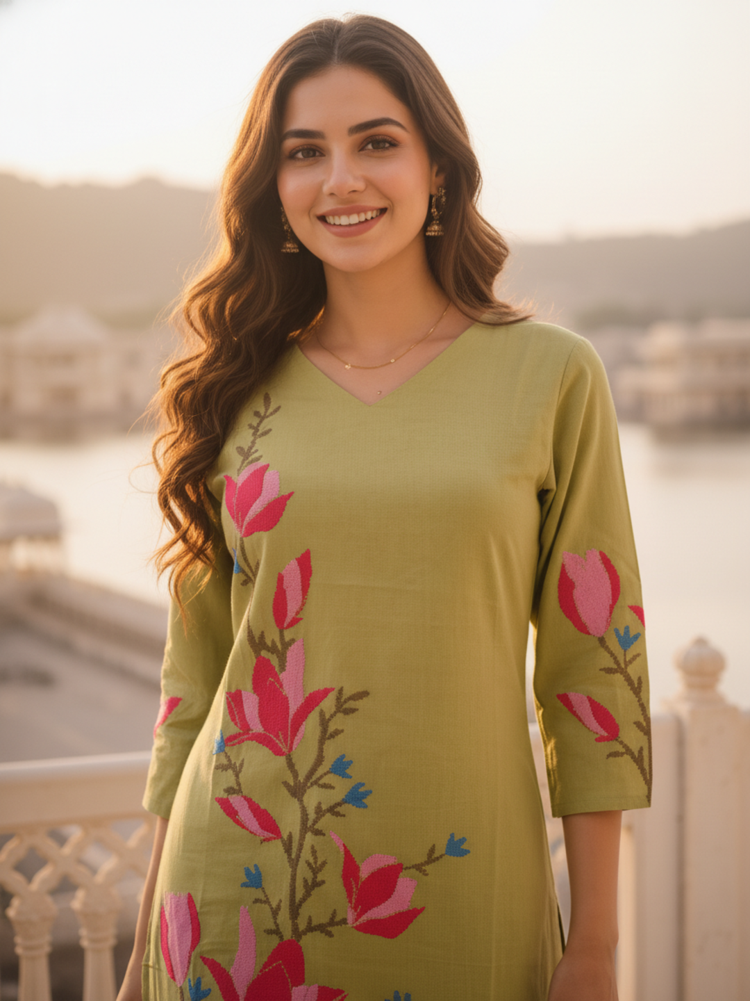 Solid Thread Embroidered Straight Kurta with Palazzo - Lime Green