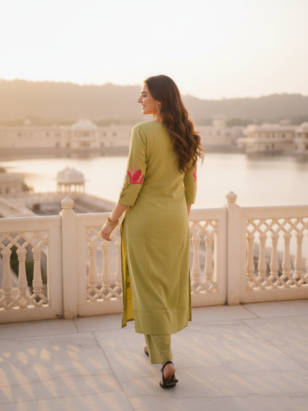 Solid Thread Embroidered Straight Kurta with Palazzo - Lime Green