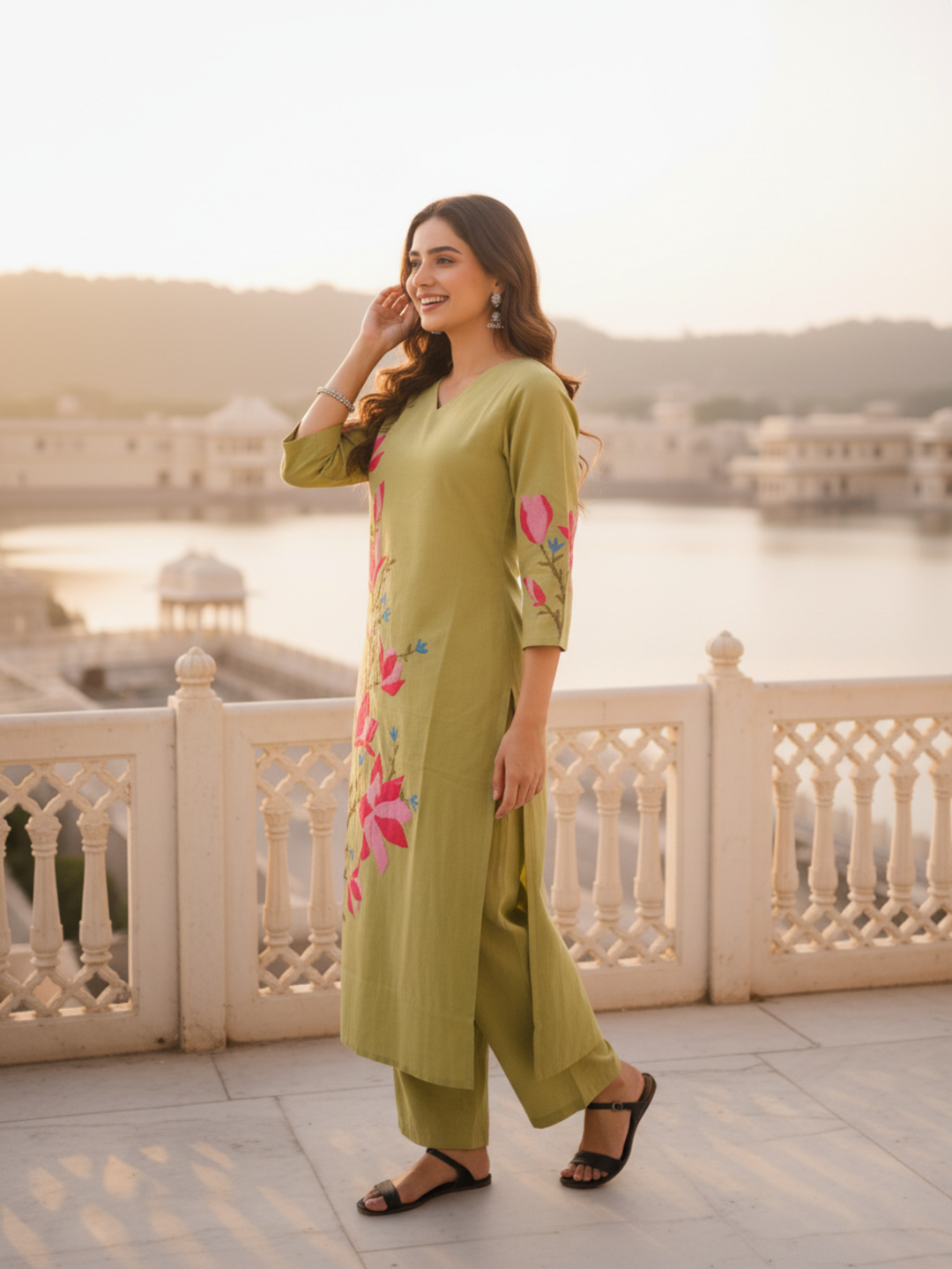Solid Thread Embroidered Straight Kurta with Palazzo - Lime Green