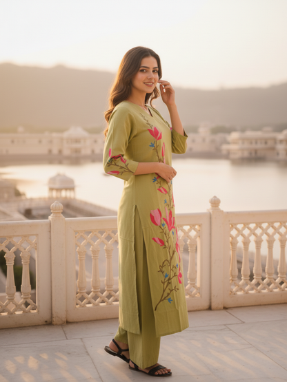 Solid Thread Embroidered Straight Kurta with Palazzo - Lime Green