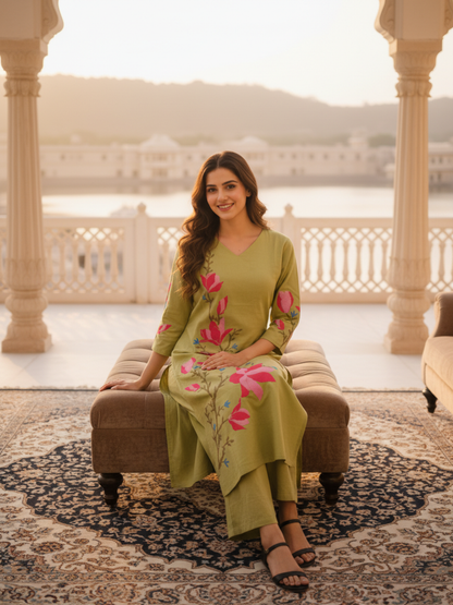 Solid Thread Embroidered Straight Kurta with Palazzo - Lime Green