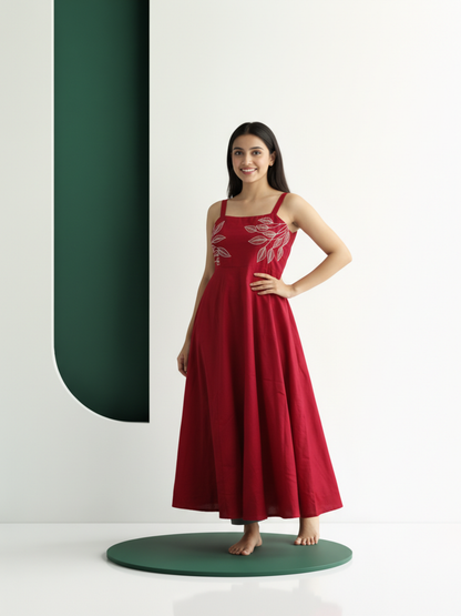 Solid Embroidered Fit & Flare Dress - Red