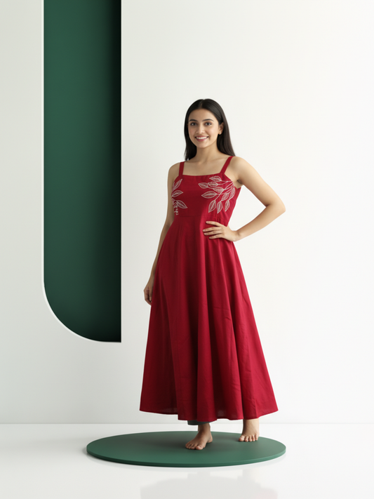 Solid Embroidered Fit & Flare Dress - Red