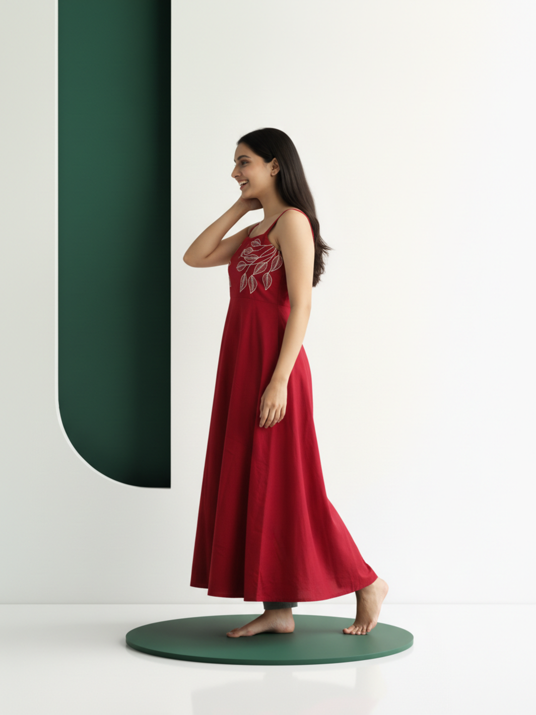 Solid Embroidered Fit & Flare Dress - Red