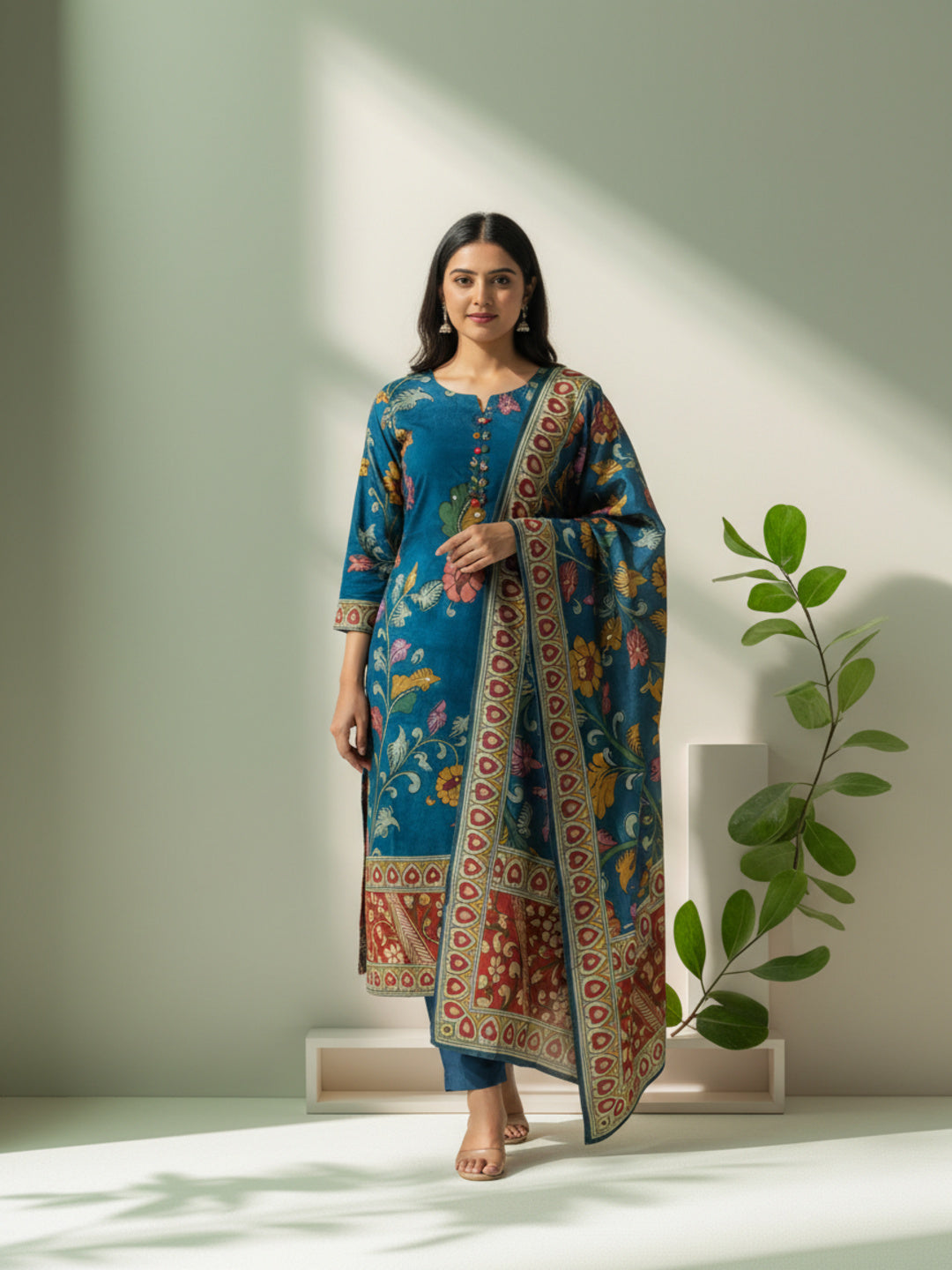 Ethnic Kalamkari Printed Sequin Embellished Straight Kurta with Palazzo & Dupatta - Navy Blue