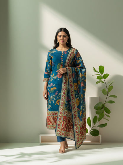 Ethnic Kalamkari Printed Sequin Embellished Straight Kurta with Palazzo & Dupatta - Navy Blue