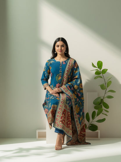 Ethnic Kalamkari Printed Sequin Embellished Straight Kurta with Palazzo & Dupatta - Navy Blue