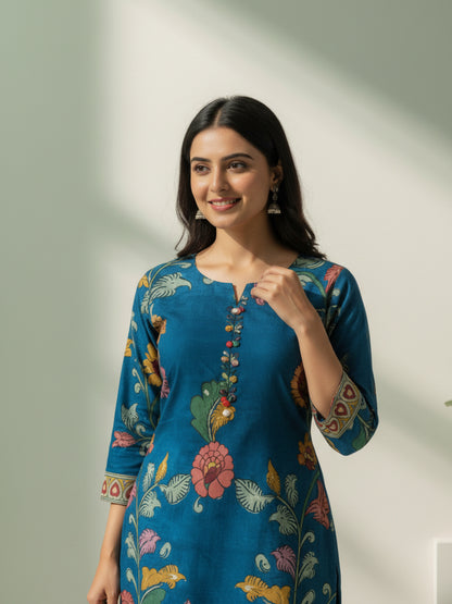 Ethnic Kalamkari Printed Sequin Embellished Straight Kurta with Palazzo & Dupatta - Navy Blue