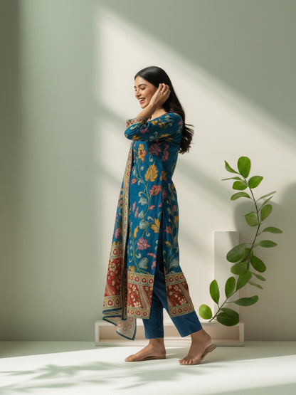 Ethnic Kalamkari Printed Sequin Embellished Straight Kurta with Palazzo & Dupatta - Navy Blue