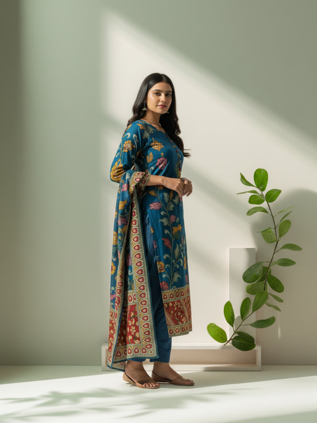 Ethnic Kalamkari Printed Sequin Embellished Straight Kurta with Palazzo & Dupatta - Navy Blue