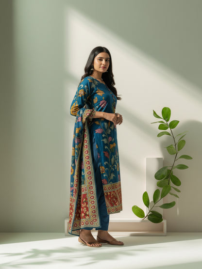 Ethnic Kalamkari Printed Sequin Embellished Straight Kurta with Palazzo & Dupatta - Navy Blue