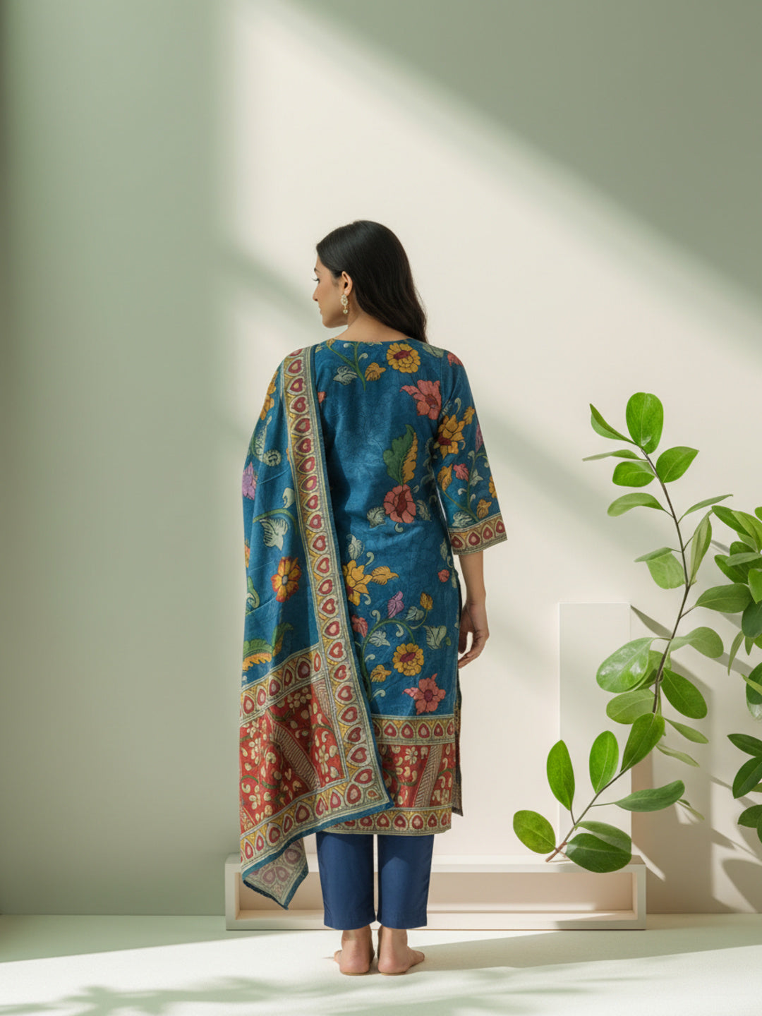 Ethnic Kalamkari Printed Sequin Embellished Straight Kurta with Palazzo & Dupatta - Navy Blue