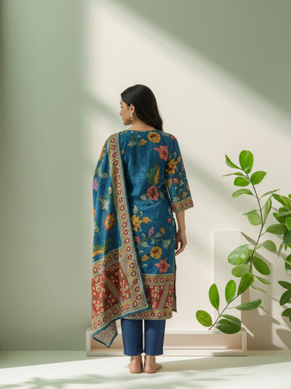 Ethnic Kalamkari Printed Sequin Embellished Straight Kurta with Palazzo & Dupatta - Navy Blue