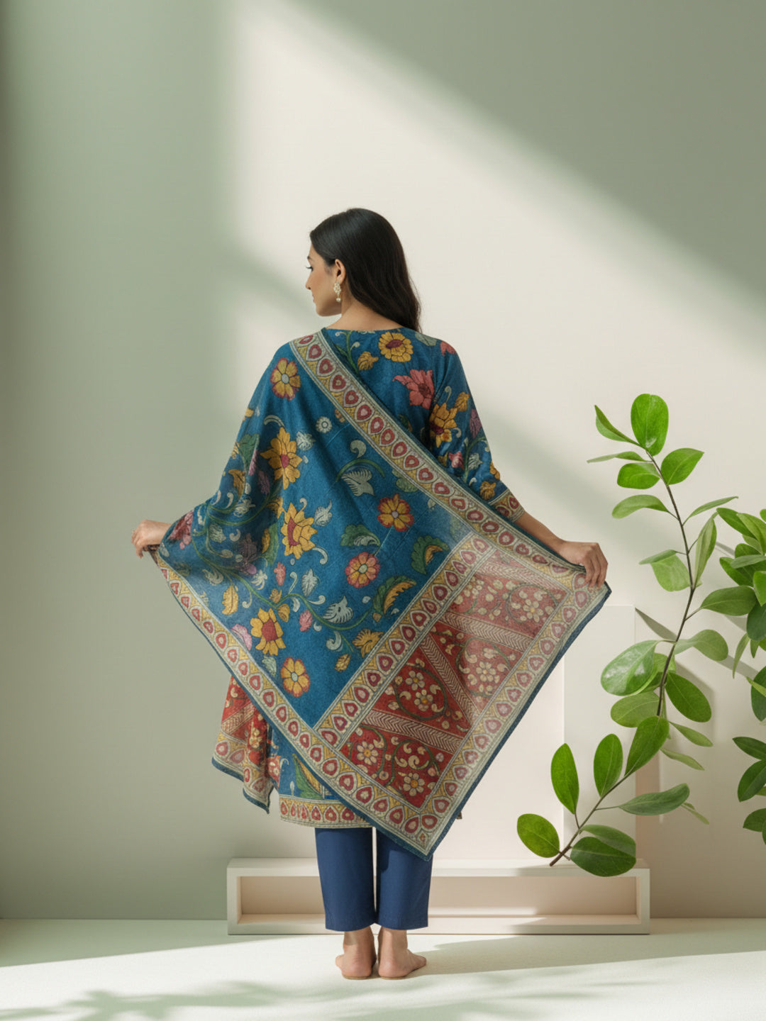 Ethnic Kalamkari Printed Sequin Embellished Straight Kurta with Palazzo & Dupatta - Navy Blue