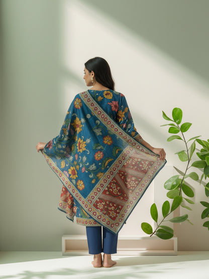 Ethnic Kalamkari Printed Sequin Embellished Straight Kurta with Palazzo & Dupatta - Navy Blue