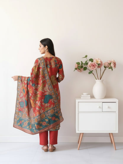 Ethnic Kalamkari Printed Sequin Embellished Straight Kurta with Palazzo & Dupatta - Red