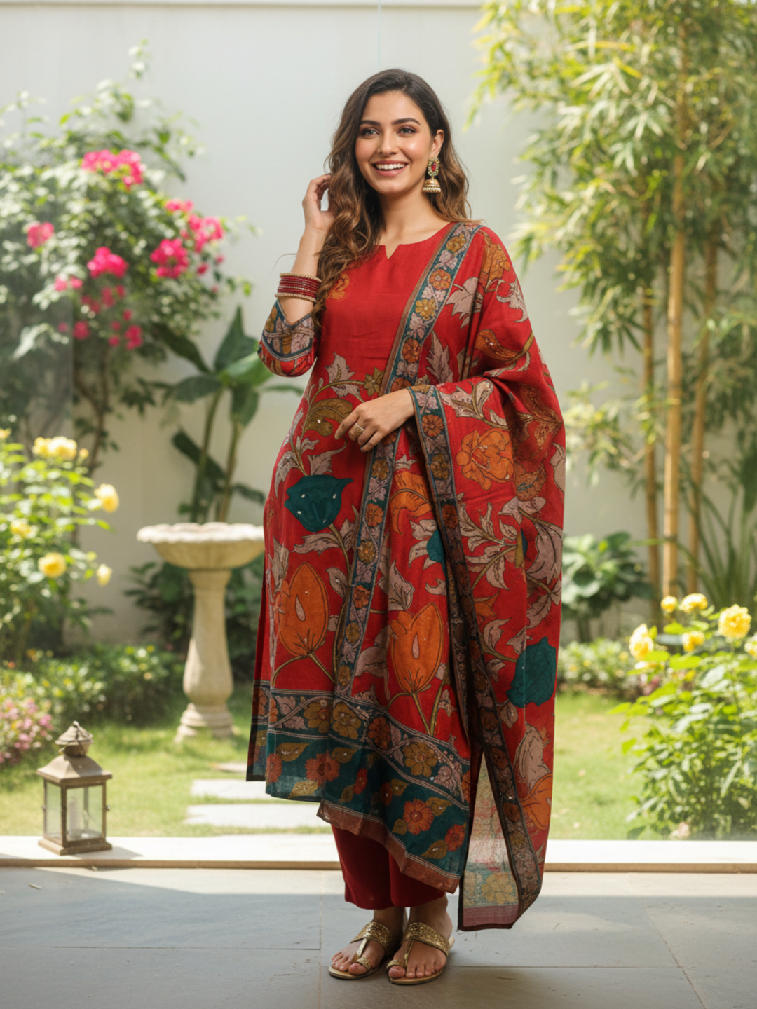 Ethnic Kalamkari Printed Sequin Embellished Straight Kurta with Palazzo & Dupatta - Red