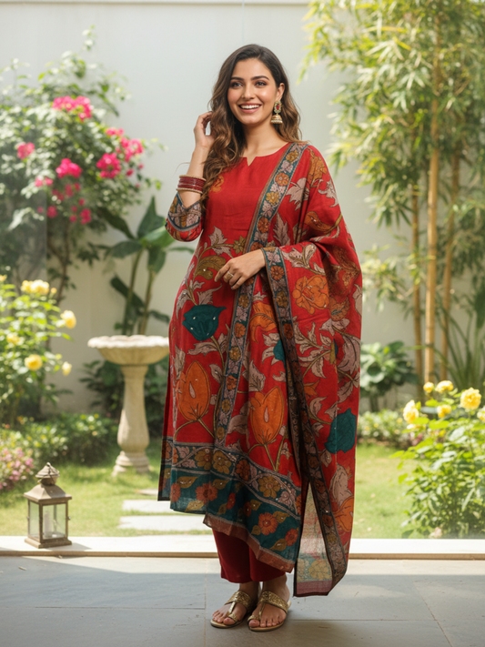 Ethnic Kalamkari Printed Sequin Embellished Straight Kurta with Palazzo & Dupatta - Red