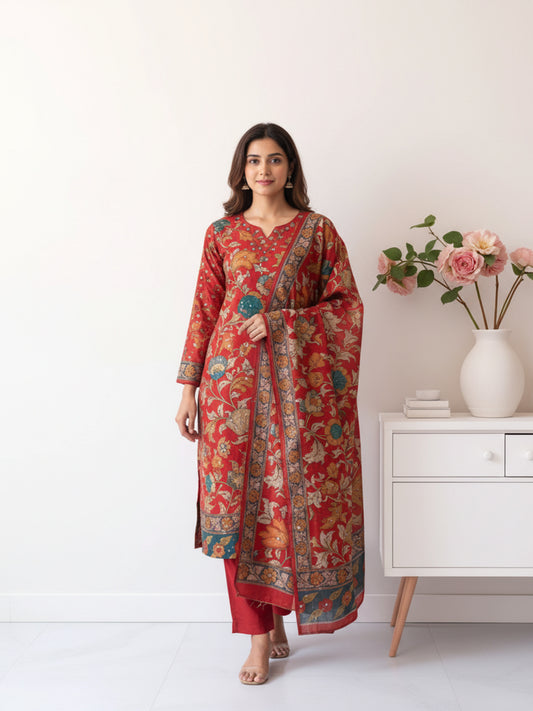 Ethnic Kalamkari Printed Sequin Embellished Straight Kurta with Palazzo & Dupatta - Red