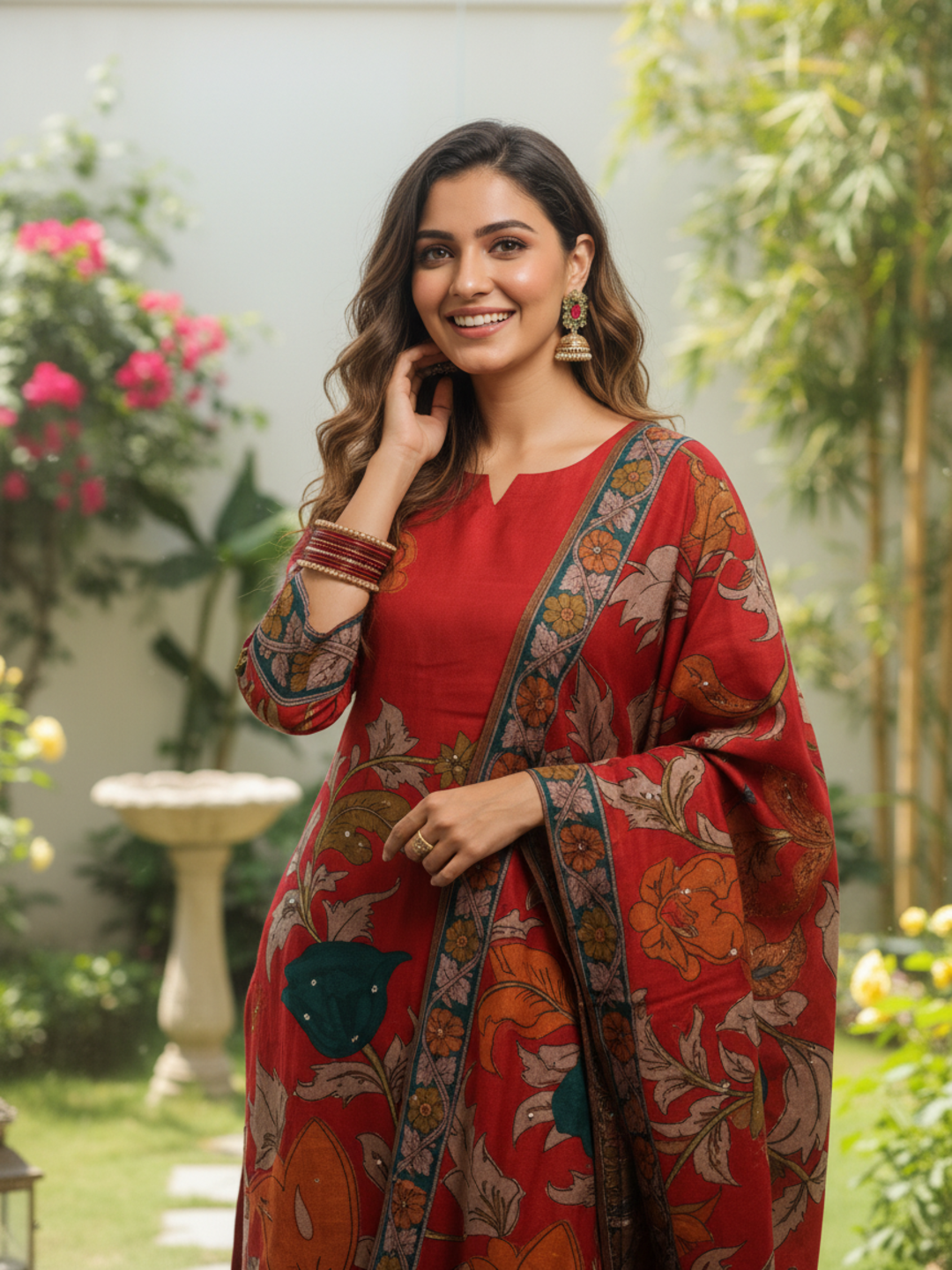 Ethnic Kalamkari Printed Sequin Embellished Straight Kurta with Palazzo & Dupatta - Red