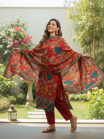 Ethnic Kalamkari Printed Sequin Embellished Straight Kurta with Palazzo & Dupatta - Red