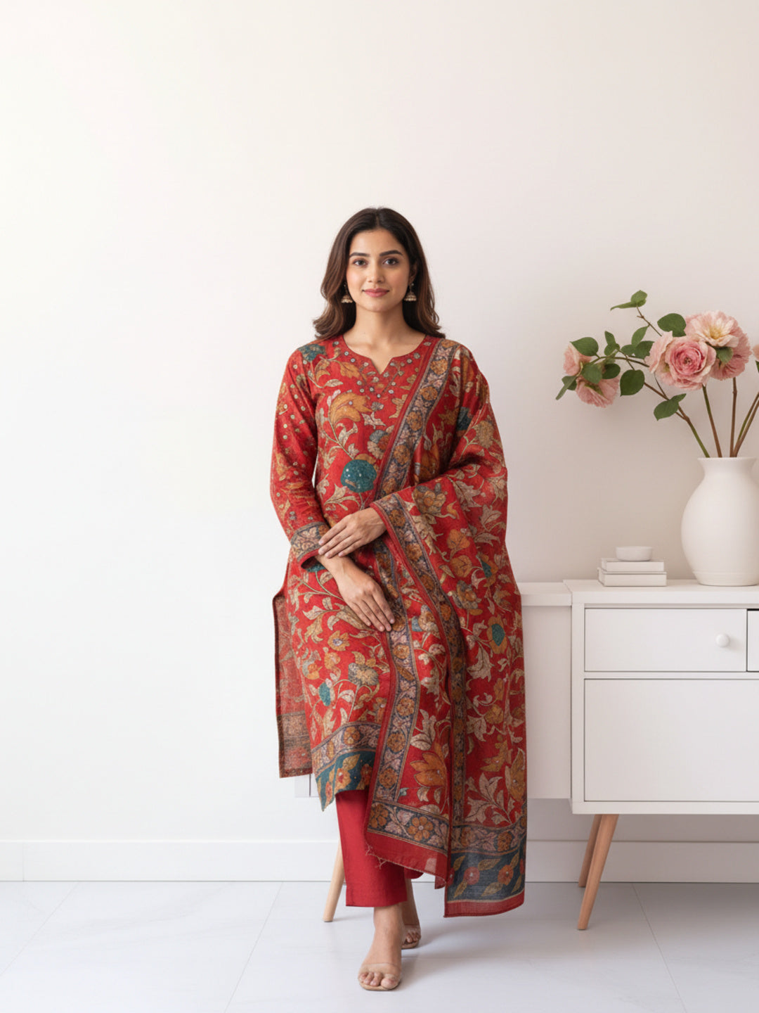 Ethnic Kalamkari Printed Sequin Embellished Straight Kurta with Palazzo & Dupatta - Red