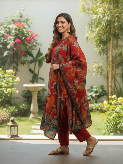 Ethnic Kalamkari Printed Sequin Embellished Straight Kurta with Palazzo & Dupatta - Red
