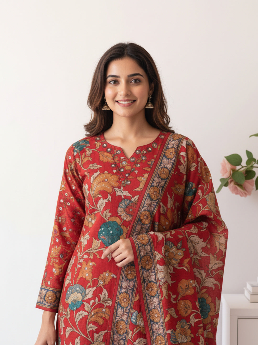 Ethnic Kalamkari Printed Sequin Embellished Straight Kurta with Palazzo & Dupatta - Red