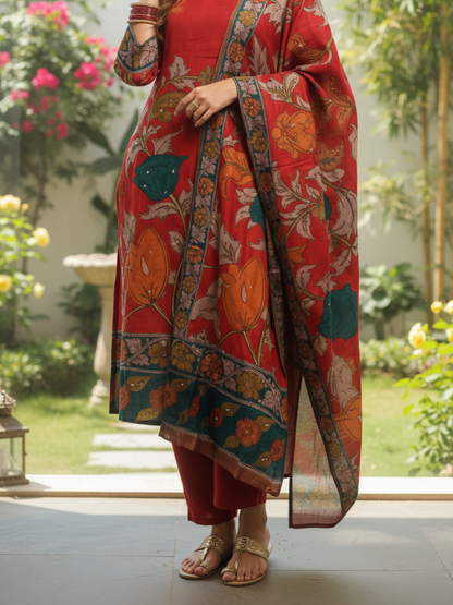 Ethnic Kalamkari Printed Sequin Embellished Straight Kurta with Palazzo & Dupatta - Red