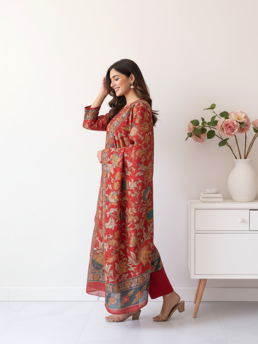 Ethnic Kalamkari Printed Sequin Embellished Straight Kurta with Palazzo & Dupatta - Red