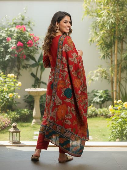 Ethnic Kalamkari Printed Sequin Embellished Straight Kurta with Palazzo & Dupatta - Red