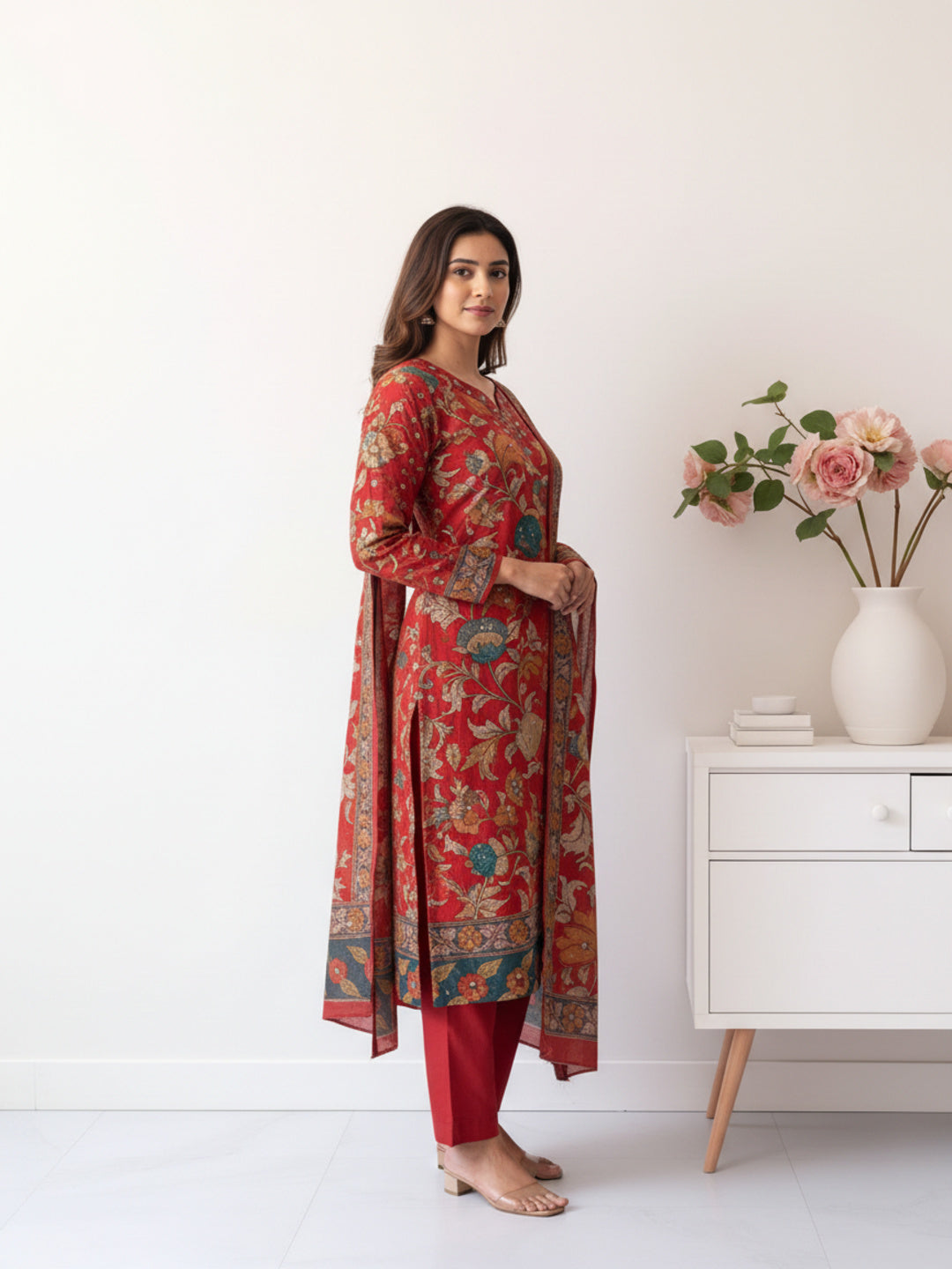 Ethnic Kalamkari Printed Sequin Embellished Straight Kurta with Palazzo & Dupatta - Red