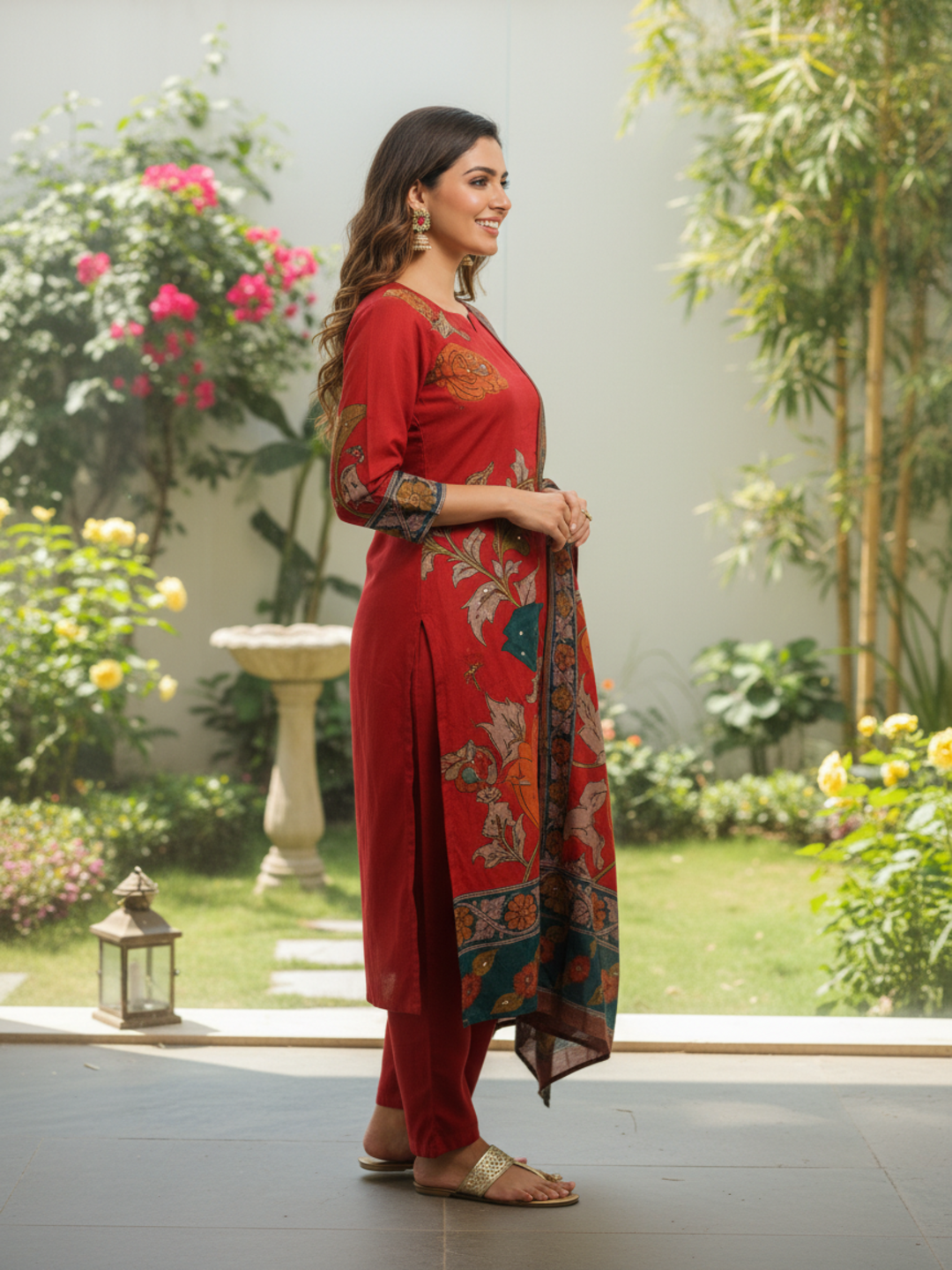 Ethnic Kalamkari Printed Sequin Embellished Straight Kurta with Palazzo & Dupatta - Red
