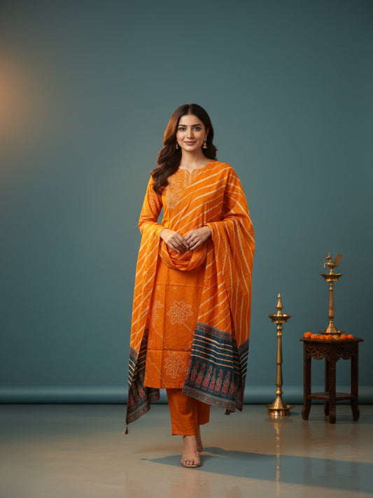 Bandhani Printed Mirror Work & Sequin Embellished Straight Kurta with Pyjama & Dupatta - Mustard