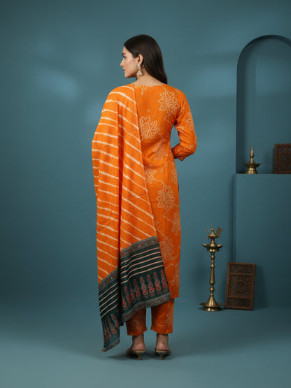 Bandhani Printed Mirror Work & Sequin Embellished Straight Kurta with Pyjama & Dupatta - Mustard