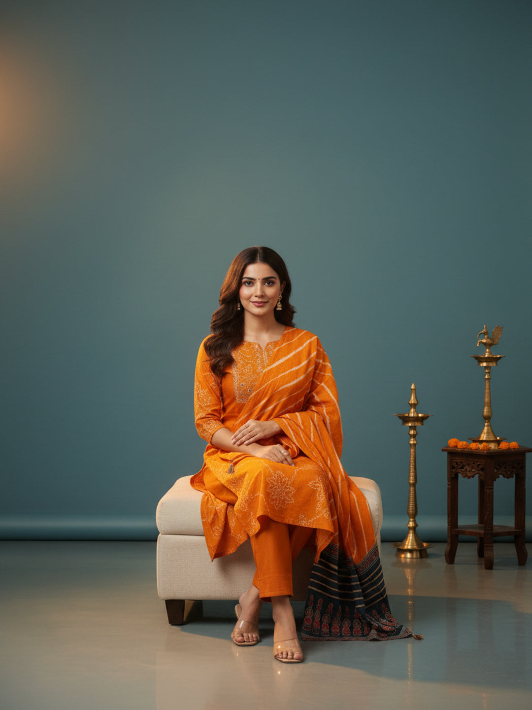 Bandhani Printed Mirror Work & Sequin Embellished Straight Kurta with Pyjama & Dupatta - Mustard