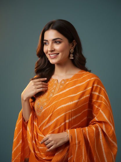 Bandhani Printed Mirror Work & Sequin Embellished Straight Kurta with Pyjama & Dupatta - Mustard