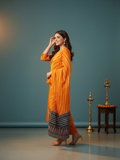 Bandhani Printed Mirror Work & Sequin Embellished Straight Kurta with Pyjama & Dupatta - Mustard