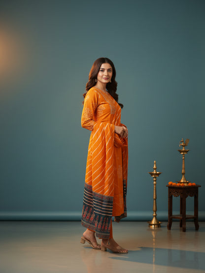 Bandhani Printed Mirror Work & Sequin Embellished Straight Kurta with Pyjama & Dupatta - Mustard