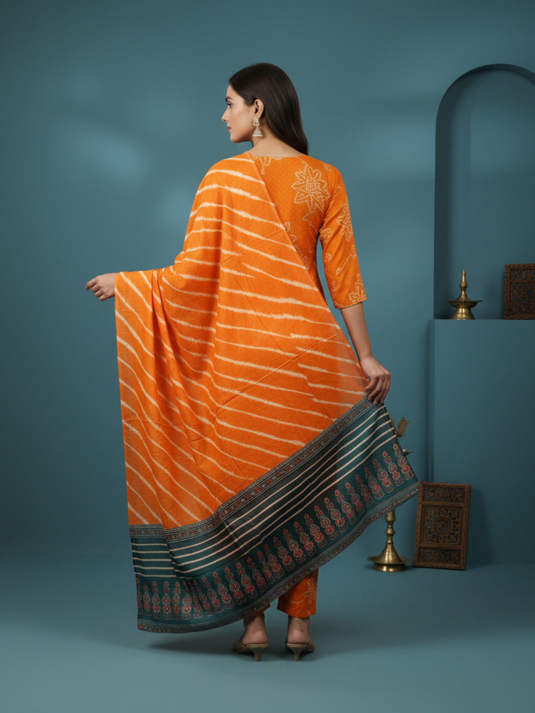 Bandhani Printed Mirror Work & Sequin Embellished Straight Kurta with Pyjama & Dupatta - Mustard