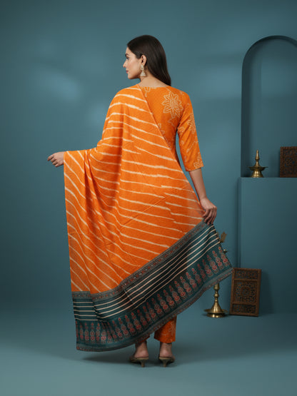 Bandhani Printed Mirror Work & Sequin Embellished Straight Kurta with Pyjama & Dupatta - Mustard