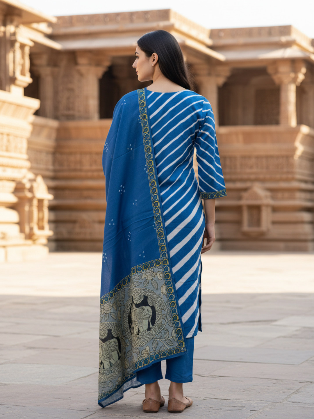 Lehariya Printed Sequin Embellished Straight Kurta with Palazzo & Dupatta - Blue