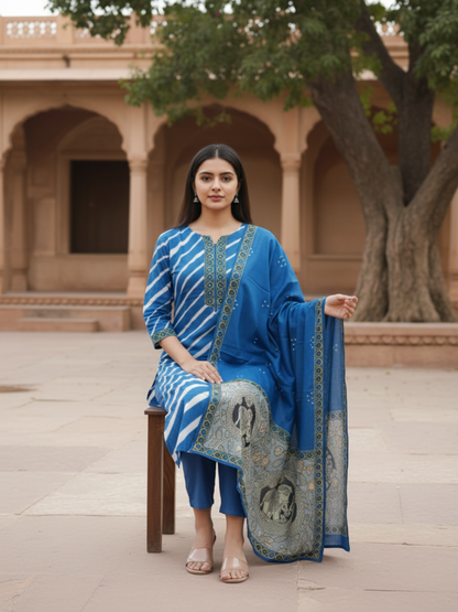 Lehariya Printed Sequin Embellished Straight Kurta with Palazzo & Dupatta - Blue