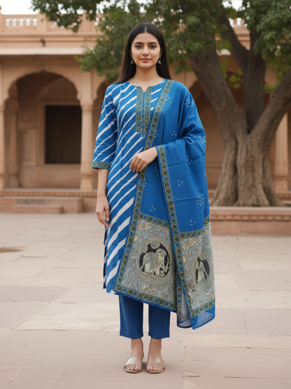Lehariya Printed Sequin Embellished Straight Kurta with Palazzo & Dupatta - Blue