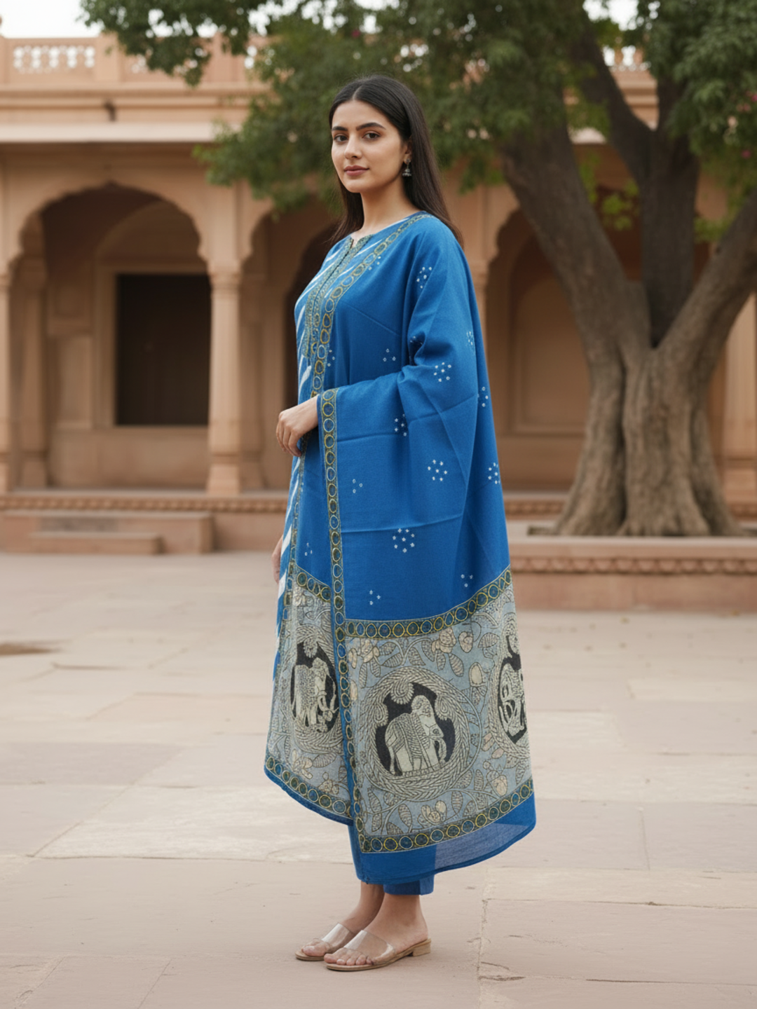 Lehariya Printed Sequin Embellished Straight Kurta with Palazzo & Dupatta - Blue